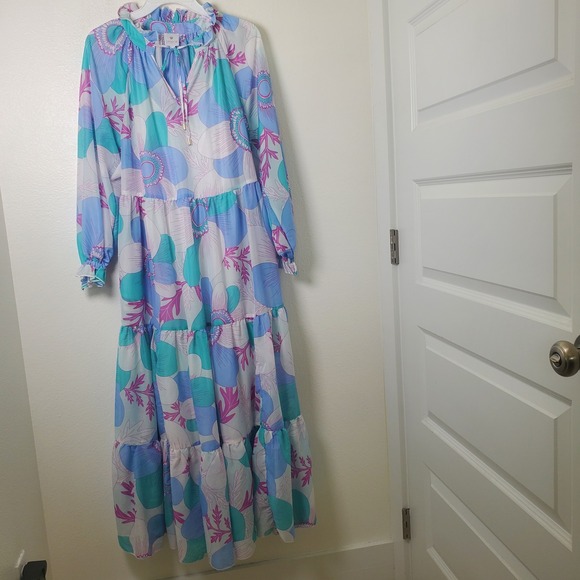 J Marie Mia Rae Long Sleeve Maxi Dress Floral Print Blue Teal Pink   S - Picture 15 of 16